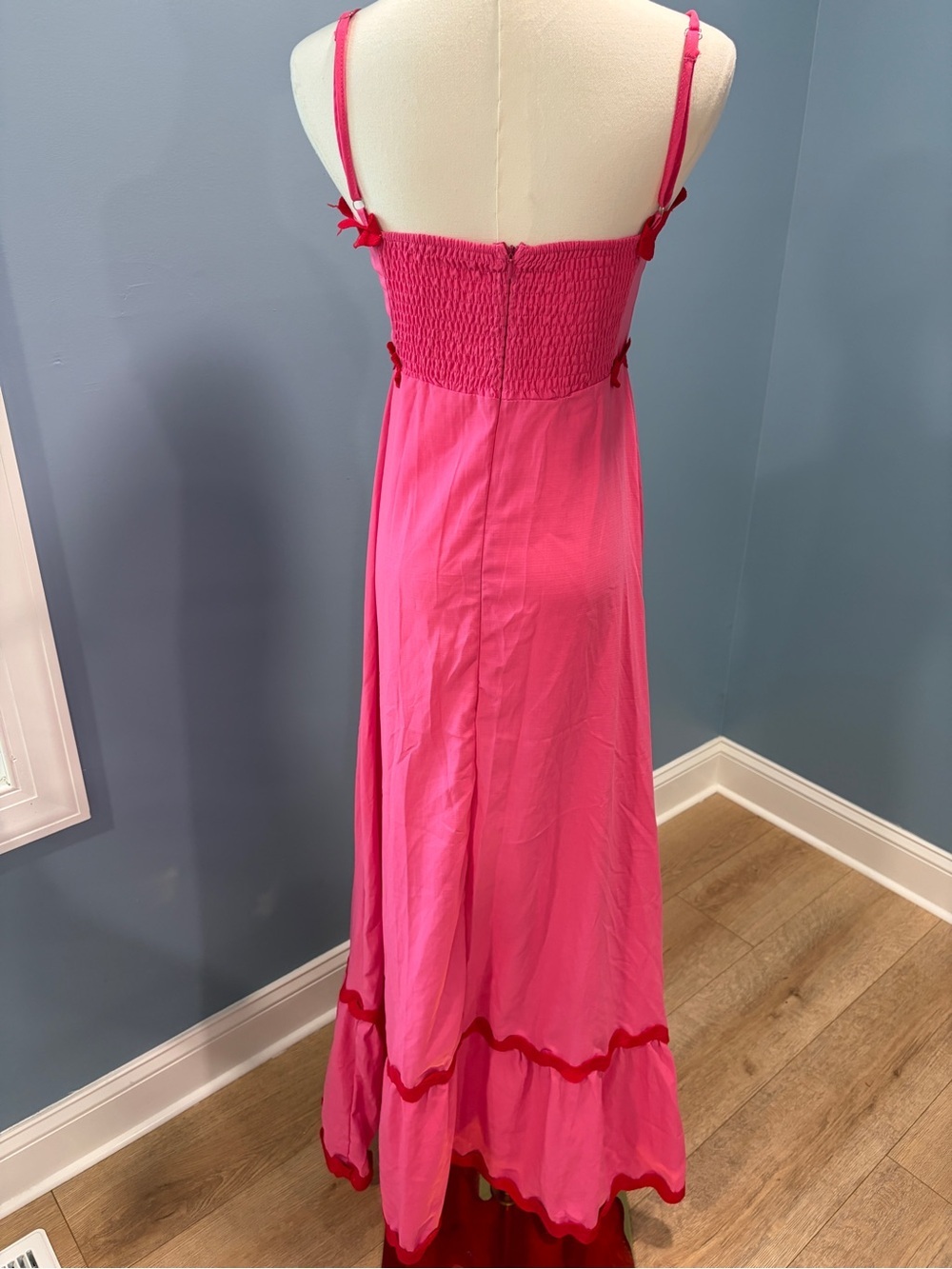 Pink Ric Rac Trim Maxi Dress Smocked Back Spaghetti Strap Small - Picture 6 of 9